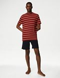 Set of 2 Pure Cotton Striped T-Shirt with Drawstring Shorts