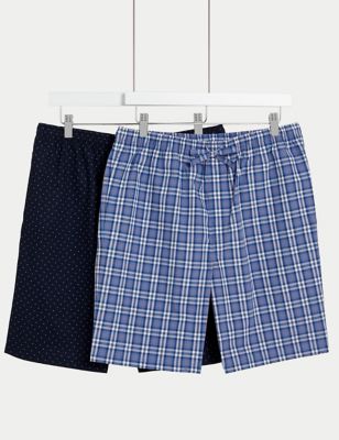 M&S Men's 2pk Pure Cotton Printed Pyjama Shorts - Blue Mix, Blue Mix