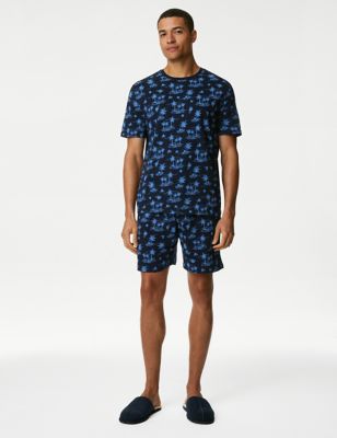 M&S Men's Pure Cotton Tropical Print Pyjama Set - Navy Mix, Navy Mix