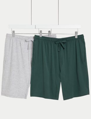 M&S Men's 2pk Cotton Rich Jersey Pyjama Shorts - Green Mix, Green Mix