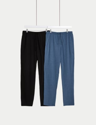 M&S Mens 2pk Pure Cotton Pyjama Bottoms - Blue Mix, Blue Mix,Grey Mix