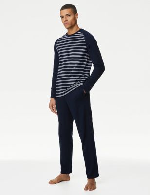 Marks And Spencer Mens M&S Collection Pure Cotton Striped Pyjama Set - Navy Mix, Navy Mix