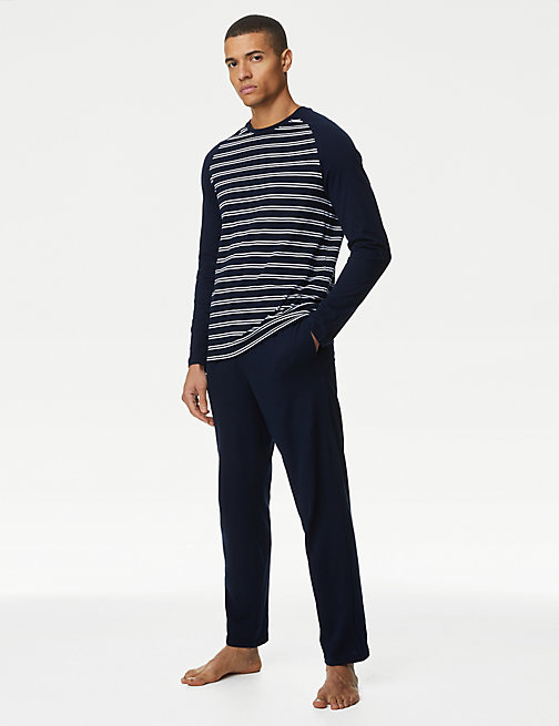 Marks And Spencer Mens M&S Collection Pure Cotton Striped Pyjama Set - Navy Mix, Navy Mix