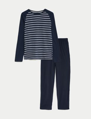 M&S Mens Pure Cotton Striped Pyjama Set - XL - Navy Mix, Navy Mix