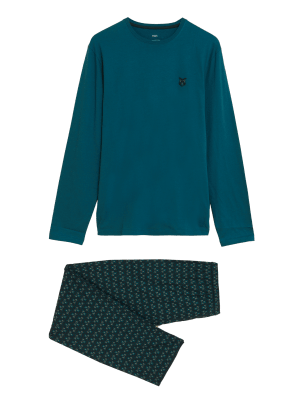 

Mens M&S Collection Schlafanzugset aus reiner Baumwolle mit Eulenmuster - Teal Mix, Teal Mix