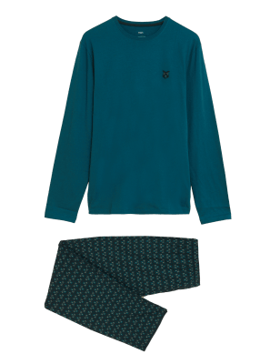 

Mens M&S Collection Pure Cotton Owl Print Pyjama Set - Teal Mix, Teal Mix