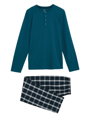 

Mens M&S Collection Pure Cotton Checked Pyjama Set - Teal Mix, Teal Mix