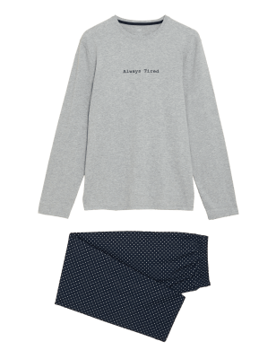 

Mens M&S Collection Pure Cotton Always Tired Slogan Pyjama Set - Grey Mix, Grey Mix