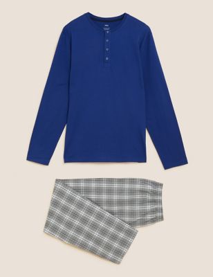 M&S Mens Pure Cotton Checked Pyjama Set - Blue Mix, Blue Mix