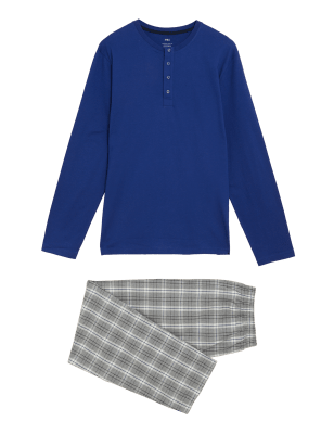 

Mens M&S Collection Pure Cotton Checked Pyjama Set - Blue Mix, Blue Mix