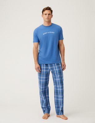 

Mens M&S Collection Pure Cotton Slogan Pyjama Set - Blue Mix, Blue Mix