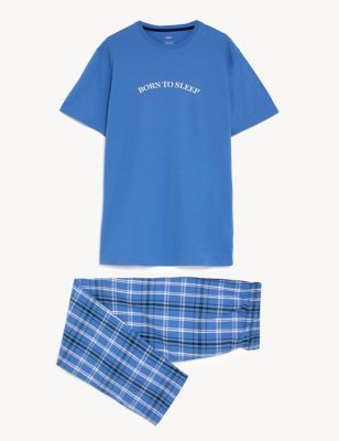 M&S Mens Pure Cotton Slogan Pyjama Set - Blue Mix, Blue Mix