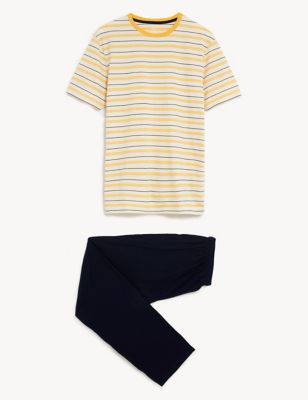 M&S Mens Pure Cotton Striped Pyjama Set - Yellow Mix, Yellow Mix