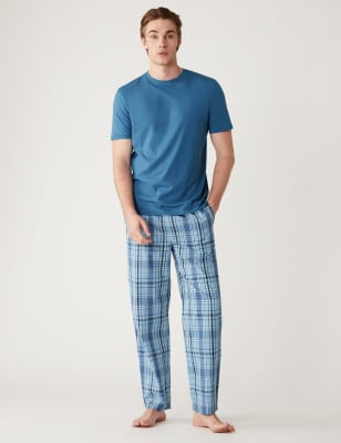 

Mens M&S Collection Pure Cotton Checked Pyjama Set - Blue Mix, Blue Mix