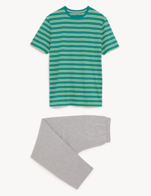 M&S Mens Pure Cotton Striped Pyjama Set - XL - Green Mix, Green Mix