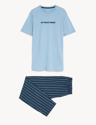 M&S Mens Pure Cotton Striped Slogan Pyjama Set - Blue Mix, Blue Mix