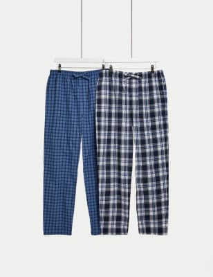 M&S Mens 2pk Pure Cotton Checked Pyjama Bottoms - Navy Mix, Navy Mix