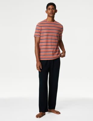 M&S Mens Pure Cotton Striped Pyjama Set - Terracotta Mix, Terracotta Mix