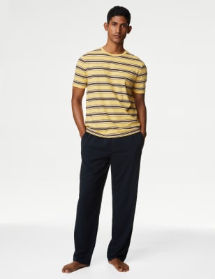 M&S Men's Pure Cotton Striped Pyjama Set - Yellow Mix, Yellow Mix