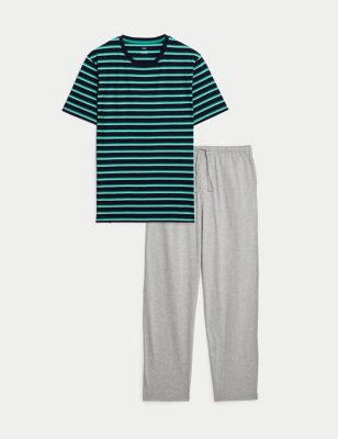 M&S Mens Pure Cotton Striped Pyjama Set - Navy Mix, Navy Mix