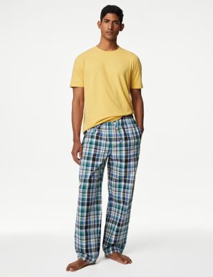 M&S Men's Pure Cotton Checked Pyjama Set - Yellow Mix, Yellow Mix