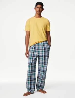 M&S Men's Pure Cotton Checked Pyjama Set - Yellow Mix, Yellow Mix