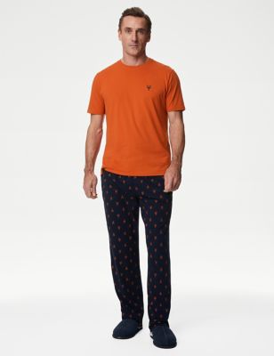 M&S Mens Pure Cotton Lobster Print Pyjama Set - Orange Mix, Orange Mix