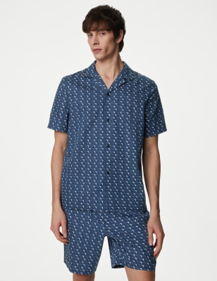 Autograph Men's Cotton Rich Geometric Print Pyjama Top - L - Light Denim, Light Denim