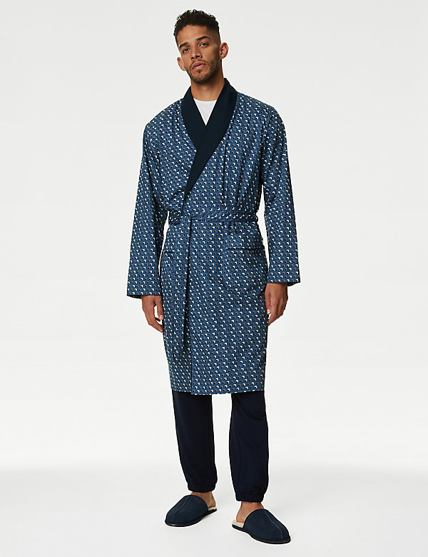Cotton Rich Geometric Print Dressing Gown - AT