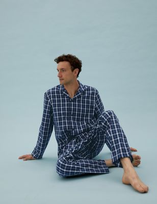 

Mens M&S Collection Cotton Checked Pyjama Set - Blue Mix, Blue Mix