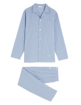 M&S Mens Cotton Blend Bengal Stripe Pyjama Set - Blue Mix, Blue Mix