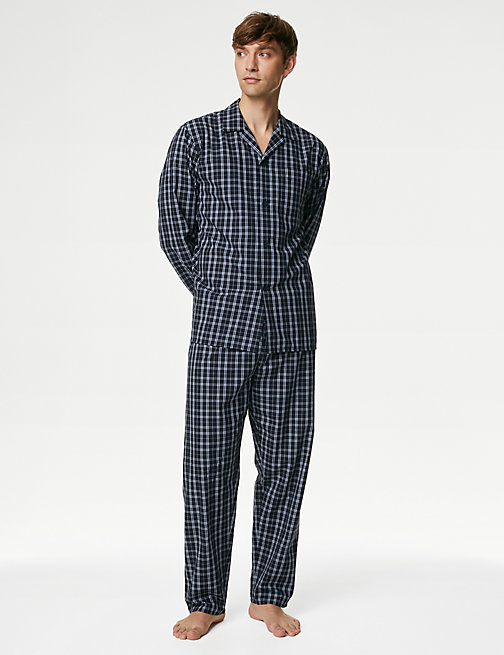 Marks And Spencer Mens M&S Collection Cotton Blend Checked Pyjama Set - Blue Mix, Blue Mix