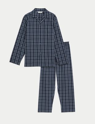 M&S Mens Cotton Blend Checked Pyjama Set - Blue Mix, Blue Mix
