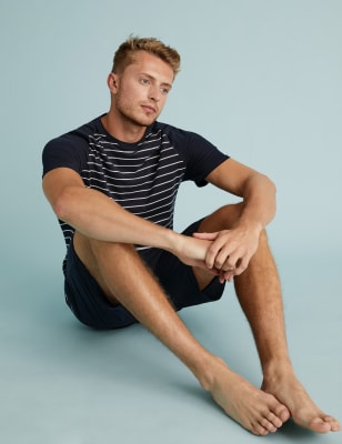 

Mens M&S Collection Lang geschnittenes Schlafanzugset aus reiner Baumwolle mit Streifenmuster - Navy, Navy