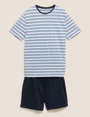 

Mens M&S Collection Pure Cotton Striped Pyjama Set - Blue Marl, Blue Marl