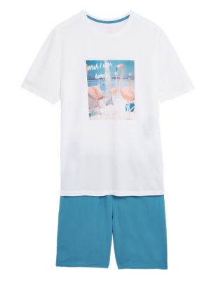 

Mens M&S Collection Pure Cotton Flamingo Graphic Pyjama Set - Blue Mix, Blue Mix