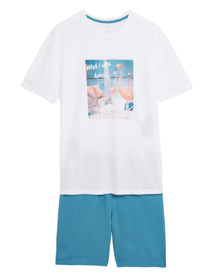 

Mens M&S Collection Schlafanzugset aus reiner Baumwolle mit Flamingozeichnung - Blue Mix, Blue Mix