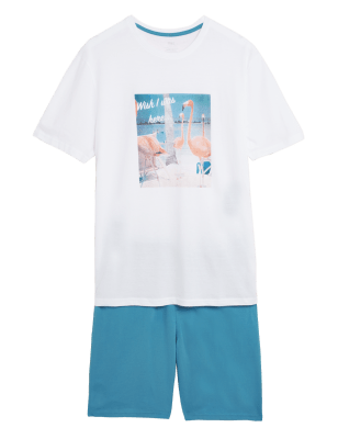 

Mens M&S Collection Pure Cotton Flamingo Graphic Pyjama Set - Blue Mix, Blue Mix