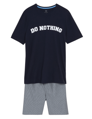 

Mens M&S Collection Pure Cotton Do Nothing Slogan Pyjama Set - Navy Mix, Navy Mix