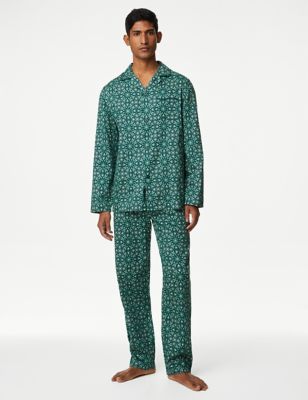 M&S Men's Pure Cotton Eid Geo Print Pyjama Set - XL - Green Mix, Green Mix
