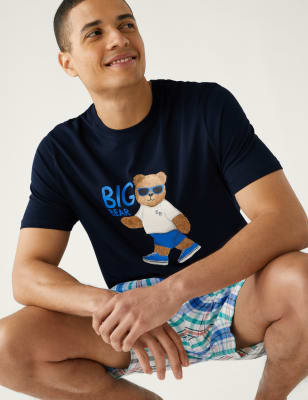 

Mens M&S Collection Schlafanzug aus reiner Baumwolle mit Grafik „Big Bear“ - Navy Mix, Navy Mix