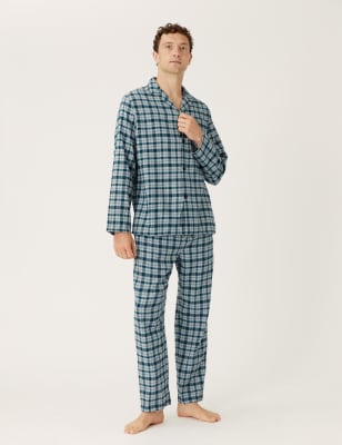 Marks And Spencer Mens M&S Collection Brushed Cotton Checked Pyjama Set - Grey Mix, Grey Mix