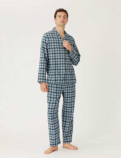 Marks And Spencer Mens M&S Collection Brushed Cotton Checked Pyjama Set - Grey Mix