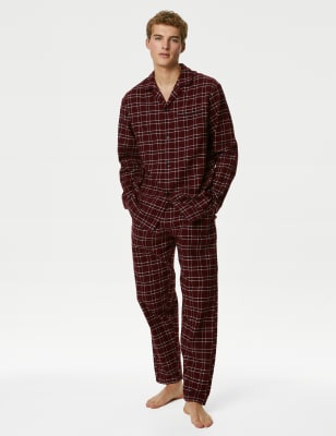 M&S Mens Brushed Cotton Checked Pyjama Set - Burgundy Mix, Burgundy Mix,Navy Mix