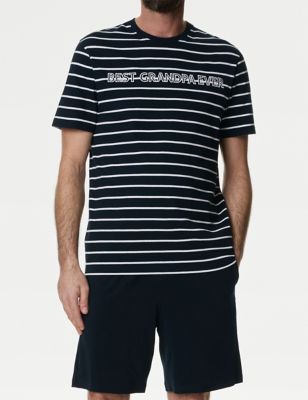 M&S Men's Pure Cotton Best Grandpa Slogan Pyjama Set - XXL - Navy Mix, Navy Mix