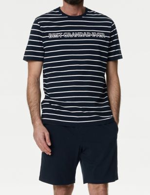 M&S Men's Pure Cotton Best Grandad Slogan Pyjama Set - Navy Mix, Navy Mix