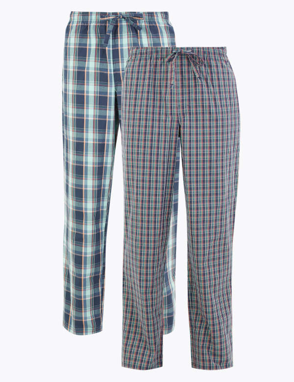 2 Pack Pure Cotton Checked Pyjama Bottoms
