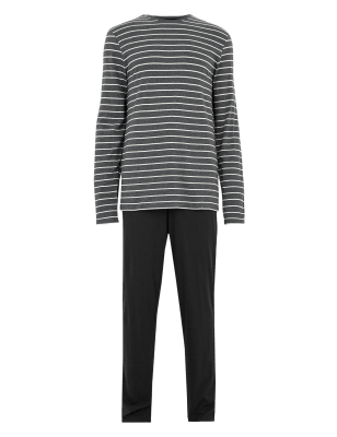 

Mens M&S Collection Longer Length Pure Cotton Striped Pyjama Set - Grey Mix, Grey Mix