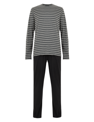 

Mens M&S Collection Gestreifter Schlafanzug aus reiner Baumwolle - Grey Mix, Grey Mix