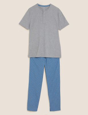 M&S Mens Pure Cotton Checked Pyjama Set - Blue Mix, Blue Mix